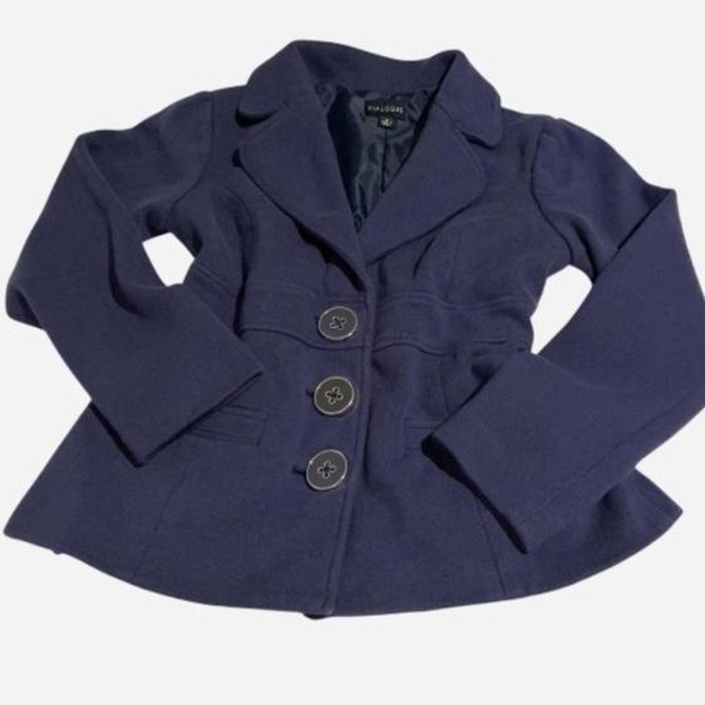DIALOGUE Women's Navy Blue Blazer Jacket Size 12 Button Front Peplum Style‎
